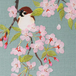 桜と雀（カレンダー用）ーリネン・染和紙・刺繍糸・ビーズ ー