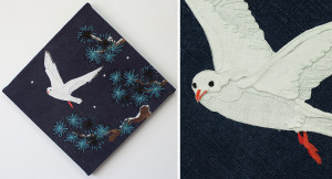 渡り鳥（松葉とユリカモメ）ーリネン・染め和紙・ビーズ・刺繍糸