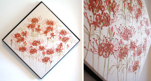 火の輪　ー楮和紙・染和紙・糸芯・粘度・日本画絵具・刺繍糸